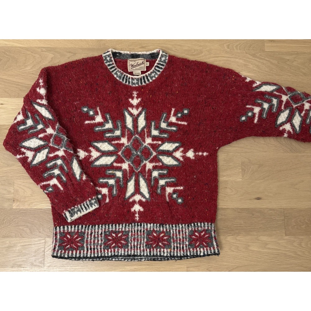 Vintage 90s Woolrich Fair Isle Sweater M Hand Knit Red Nordic Snowflake